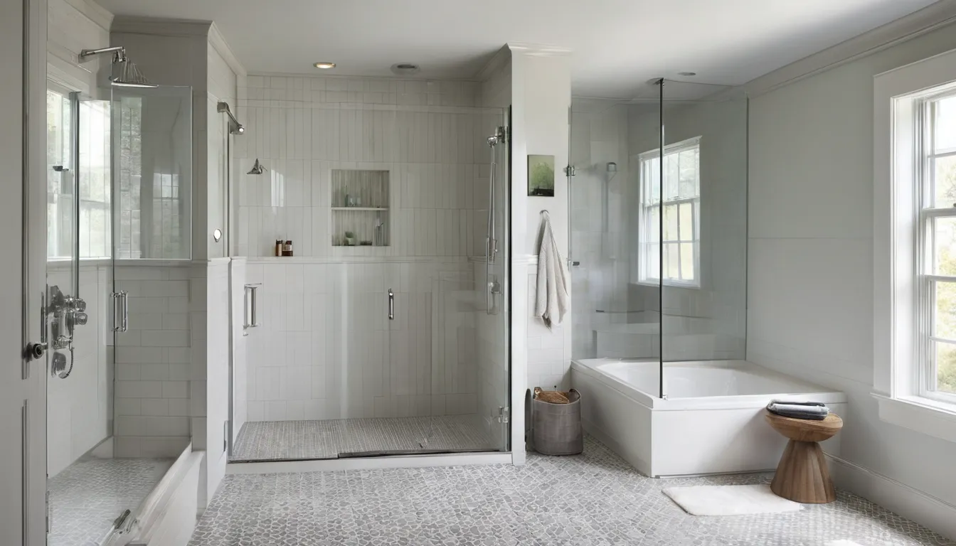 A bright, accessible walk-in shower with a low entry and grab bar in a Brewster home