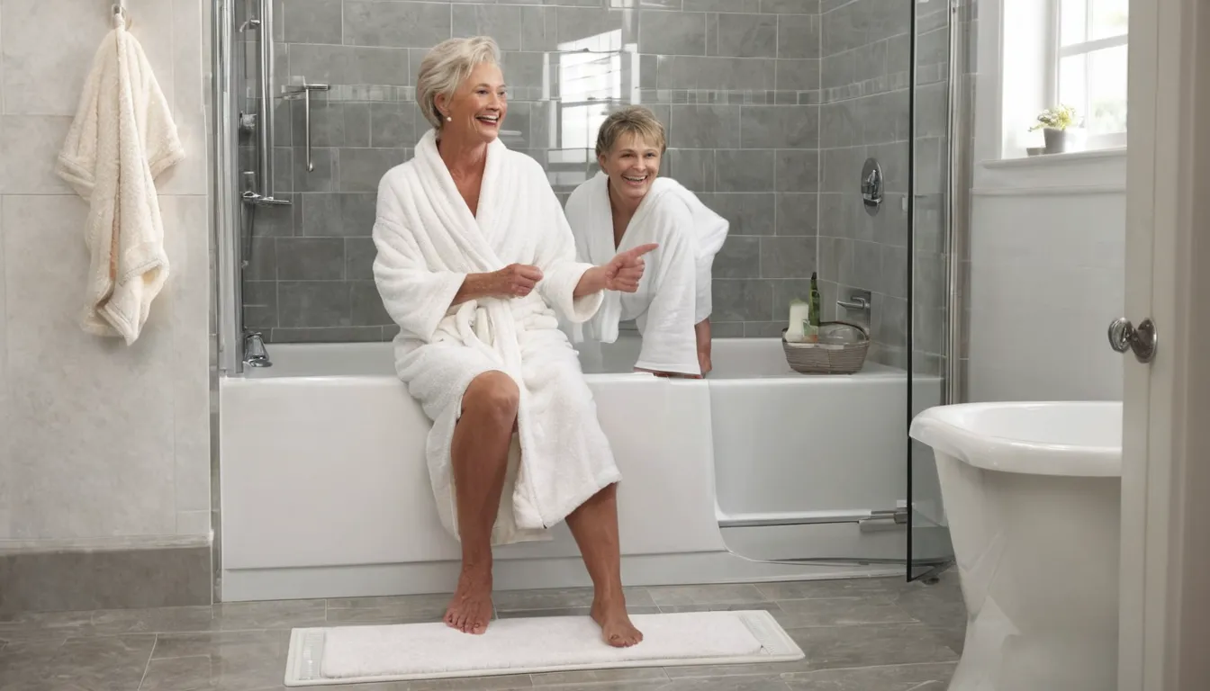 A walk-in tub with an open door and built-in seat in a bright home bathroom in Brewster